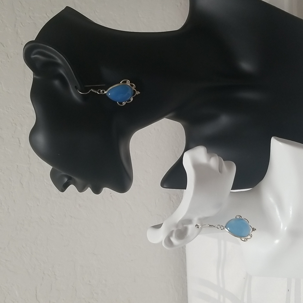 EARRINGS, Blue Chalcedony 1.75"Drop, 14mm x 22mm stone, EUC J#41